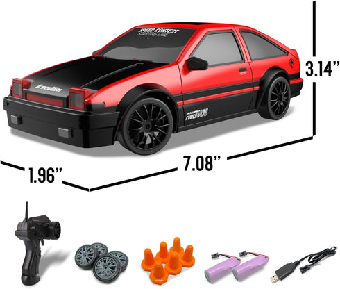 1:24 10MPH 4WD 2 RACENT Scale RC Drift Car, Remote Control Car with LED Light, Racing and Drifting Wheels, Rechargeable