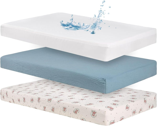 Poyday Baby Crib Sheets Cotton Muslin: 2 Crib Sheets Neutral and 1 Waterproof