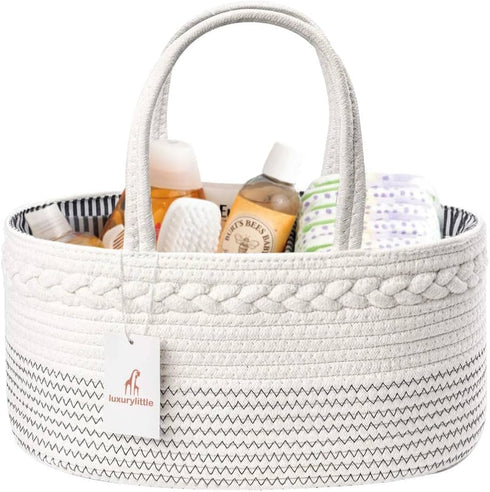 Luxury Little White Diaper Caddy Organizer, Large Cotton Rope Nursery Basket, Portable Car Organizer with Divider