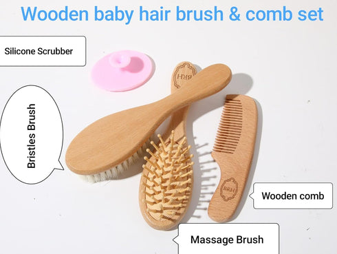 BRH 4 Set, Set Piece Wooden Baby Hair Brush and Comb Wooden Baby Care Kit with Soft Goat Bristle Brush,Baby Massage