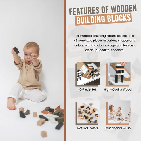 Wooden Building Blocks for Toddlers, Kids Stacking Blocks, 46 Pieces Assorted Shapes, Wooden Blocks for Kids 1-3