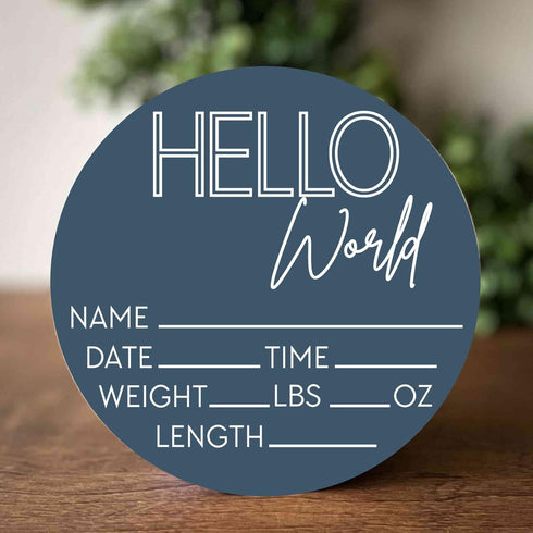 Hello World Newborn Sign - Baby Name Birth Announcement Plaque for Hospital - Photo Prop - Blue Nursery Decor - Shower
