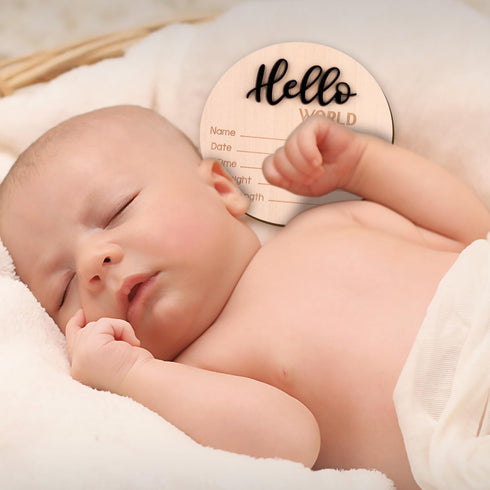 NQEUEPN 5.9 Inch Baby Announcement Sign, Wooden Hello World Newborn Welcome Sign Birth Baby Name Plaques for Photo