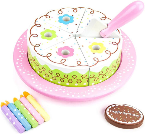 13 Set| Piece Wood Happy Birthday Cake Cake, Candles, Serving Tool & Tray|Party Roleplaying for Kids|Vanilla Cake