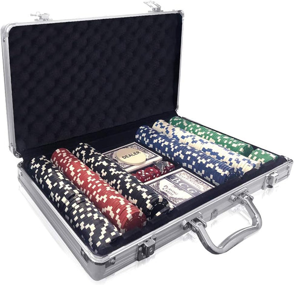 Gamie Poker Set in Aluminum Case, Casino Kit with 300 Chips, 2 Decks of Cards, 5 Dice, Fun Game Night Supplies