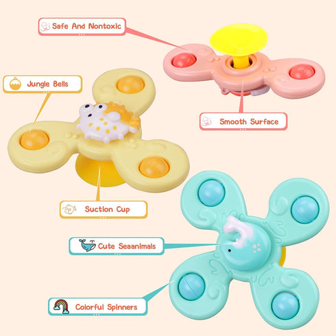Suction Cup Toy for Baby - 3 Pcs Spinning Toy Early Education Bathtub Toy, Sea Animals Design with Suction Cups