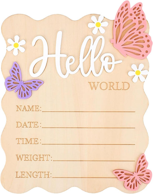 Goktvai Hello World Board, Wooden Butterfly Daisy Baby Birth Announcement Sign Newborn Birth