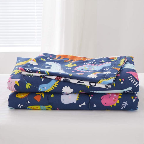 Joyreap 4 Set, Piece Toddler Bedding Standard Size Colorful Dinosaur Printed on Navy, Includes Quilted Comforter