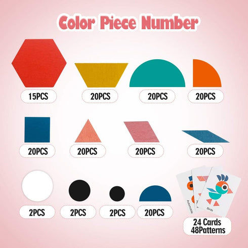 USATDD 180 Pcs Wooden Tangrams Pattern Blocks Set, Classic Educational Montessori Toys for Kids with 24 Pcs Flash Cards