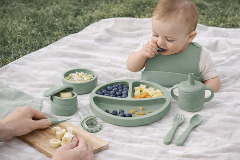 Generic 9-Piece Set Silicone Baby Feeding Divided Plate, Bib, Sippy Cup, Snack Cup, Bowl, Spoon & Fork BPA-Free
