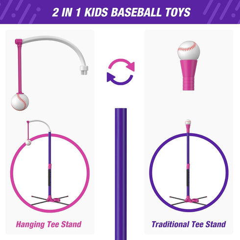 Baseball Set - 3 Ways to Play, Adjustable Height, Safe & Sturdy, Easy to Assemble Sport Gift for Kids