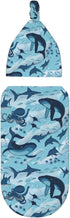 Sea Waves Dolphins Sharks Whale Octopus Newborn Swaddle Blankets with Beanie Hat Sets, Soft Gifts for Infant Boy Girl