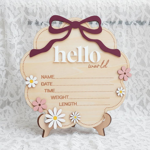 TTMerriwood Hello World Wooden Baby Birth Announcement Sign with Pink Bow, Cloud Shape Floral Newborn Name Date Time