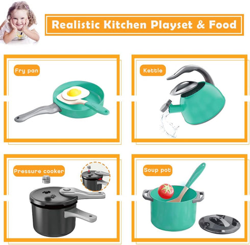 Bruvoalon 32Pcs Kids Play Kitchen Toys Set - Toddlers Pretend Cooking Playset with Pots, Pans, Utensils, Foods