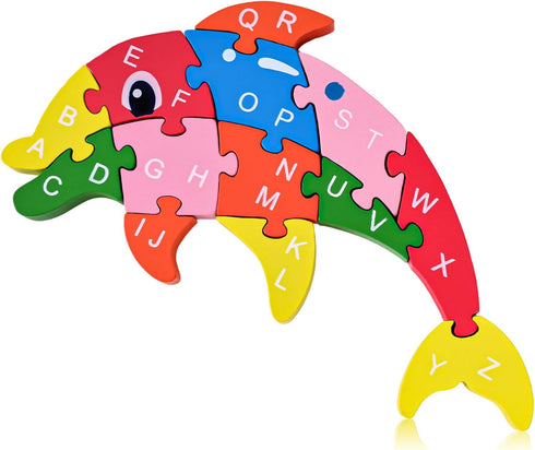 LovesTown Dolphin Wooden Puzzle, 26PCS Jigsaw Puzzle Alphabet and Number Blocks