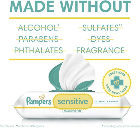 1 (56 Pampers Sensitive Baby Wipes, Water Based, Hypoallergenic and Unscented, Flip-Top Wipes Total)