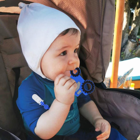 Baby Tractor Teething Toys, Food Grade Silicone Teether with Pacifier Clip Holder, Pain Relief for 3 Months+, Blue
