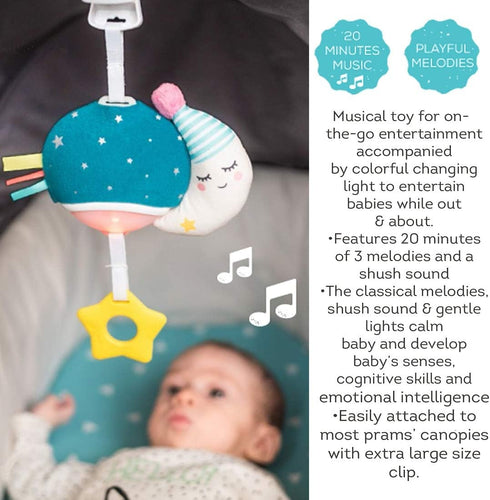 Taf Toys Musical Mini Moon, On-The-Go Pull Down Hanging Infant Toy with Music and Lights, Travel Companion for Baby