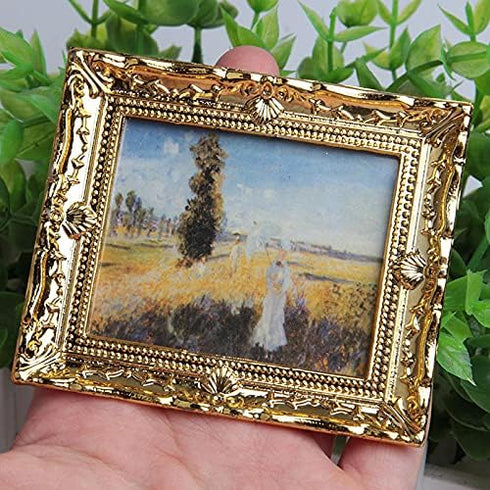 3Pcs 1:12 Mini Miniature Gold Frame Art Wall Picture, Oil Painting Home Decor