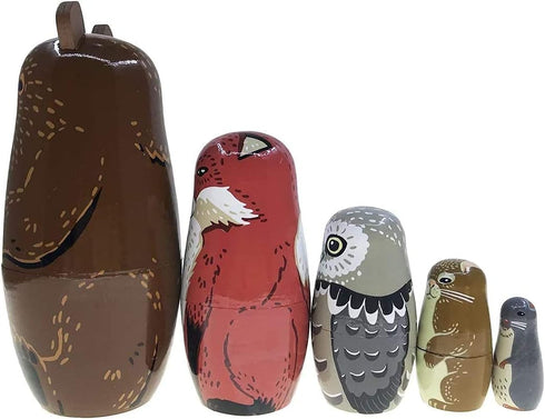 Kakeah Set 5 Nesting Dolls-Brown Cartoon Owl Bear Fox Raccoon Russian Nesting Dolls Wooden Matryoshka Doll Handmade