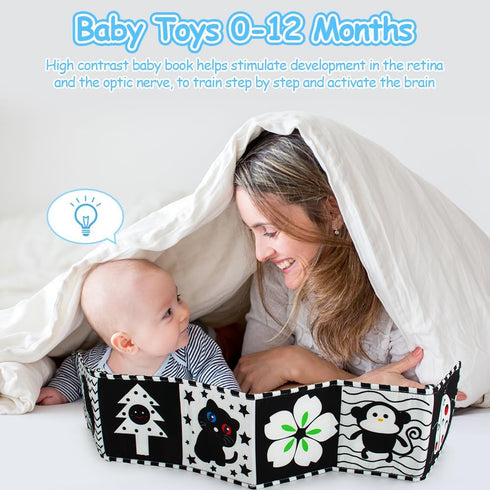 Black and White High Contrast Soft Book for Babies 0-12 Months - Early Education Infant Tummy Time and Sensory Toys, Montessori Cloth Book Activities