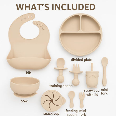 Generic Set, Baby Feeding Silicone Suction Bowl, Spoon, Cup and Bib, BPA-Free Baby Essentials (Beige)