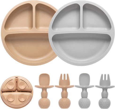 Silicone Baby Feeding Set, 2 Pack Divided Plates with Suction, 2 Pack Spoons and Forks, BPA Free, Baby Led Weaning