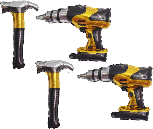 4PCS Hammer Foil Balloons, Drill Balloons for Car Construction Birthday Themed Party Decoration