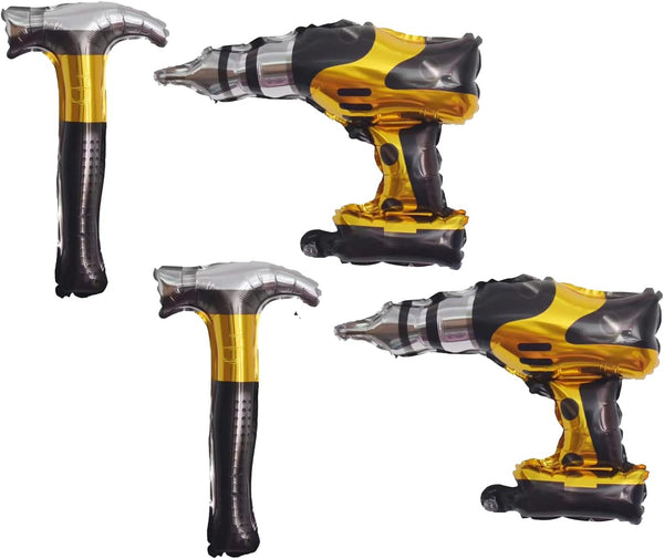 4PCS Hammer Foil Balloons, Drill Balloons for Car Construction Birthday Themed Party Decoration