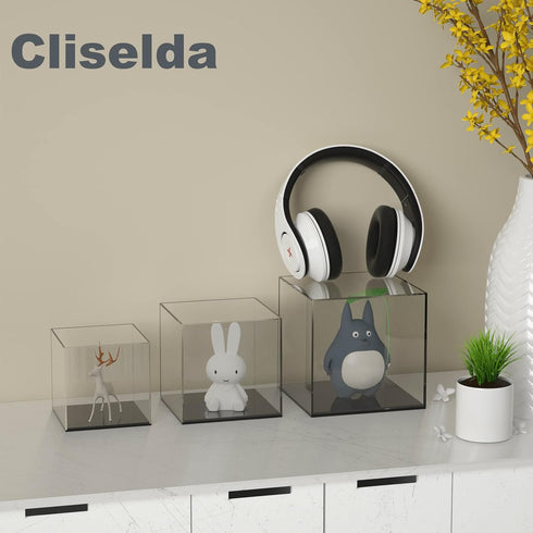 5x5x5 inch, Cliselda Acrylic Display Case with Black Base Clear Square Acrylic Box Cube Small Storage Containers, Fully