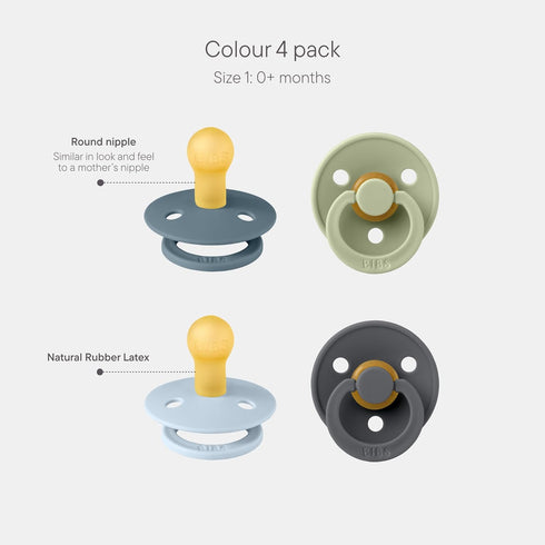 4-Pack 1 (0-6 BIBS Pacifiers - Colour | BPA Free Baby Pacifier | Round Nipple Binkies | Natural Rubber Latex Soother |