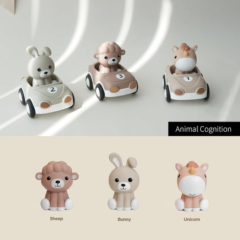 1-3, 3-Pack Set Nueplay Toy Cars for Toddlers Animal Racing Vehicles & Finger Puppets, Friction Powered Push and Go