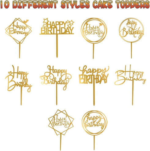 10-Pack Happy Birthday Cake Toppers, Gold Acrylic Cake Supplies, 4inchx6inch