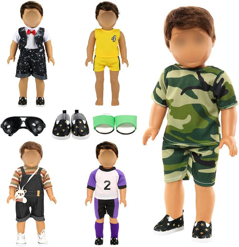 Barwa Boy Doll Clothes, 5 Sets, 2 Pairs Shoes, 1 Pair Glasses for 18 Inch Boy Dolls