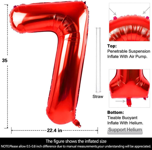 40 Inch Large Red Number 7 Balloon, Jumbo Digit Mylar Foil Helium Balloons for Birthday Party Celebration Decorations