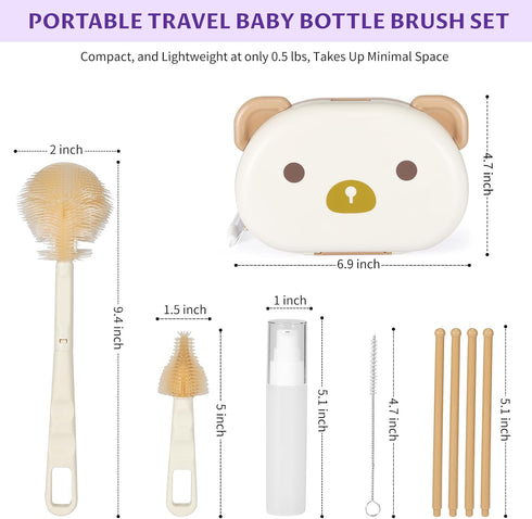 Set VOOWO Travel Baby Bottle Cleaning Kit - Complete Brush with Silicone Nipple & Straw Cleaner