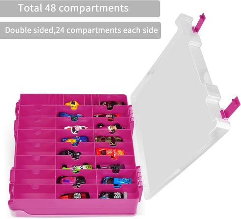 ALCYON Double Sided Organizer Case for Hot Wheels, Matchbox Cars, Mini Toys, Small Dolls - 48 Compartments, Purple (Box