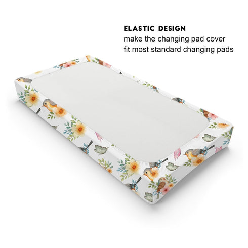 Watercolor Birds Boho Floral Changing Pad Covers, Soft Breathable Cradle & Bassinet Sheets for Baby Boy Girl, 32" x 16"