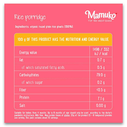 MAMUKO 4+ 2 Pack Organic Porridge - Rice porridge with No Added Sugar, Milk & Preservatives - High Fiber porridge