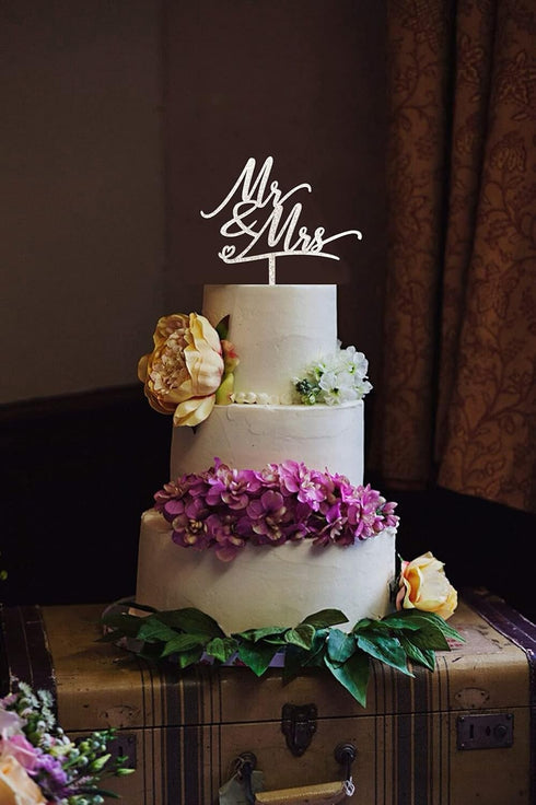 Mr & Mrs Cake Topper, Silver Glitter Wedding Decor for Anniversary and Bridal Shower Cake, Rustic Chic Bride and Groom