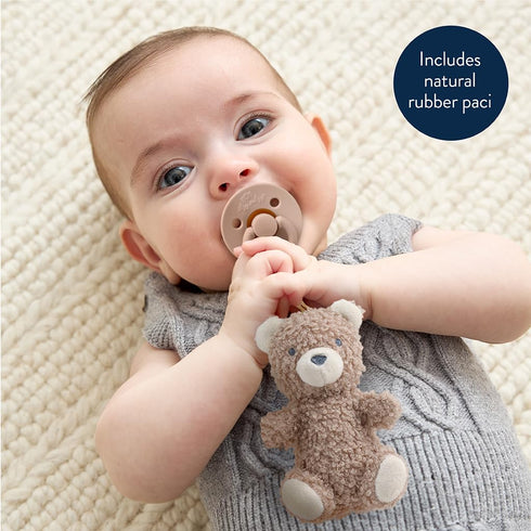 Set 0-6 Itzy Ritzy Pacifier & Lovey Natural Rubber Paci with Stuffed Animal Lovey Detachable Plush Bear Pacifier Holder