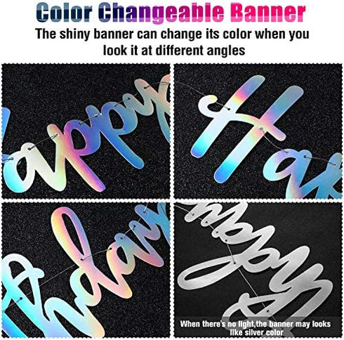Tatuo Iridescent Happy Birthday Banner Sign, Changeable Garland Bunting Decoration, Silver Party Favor Supplies