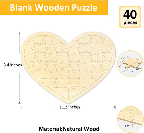 Blank Heart Shape Puzzle with 40 Pieces, Wooden Jigsaw Puzzle for Crafts & DIY, Custom Puzzle 11.2 x 8.4 Inches
