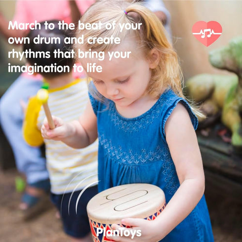 PlanToys Solid Drum Toddler Musical Instrument - Sustainably Made from Rubberwood with Organic-Pigment Coloring