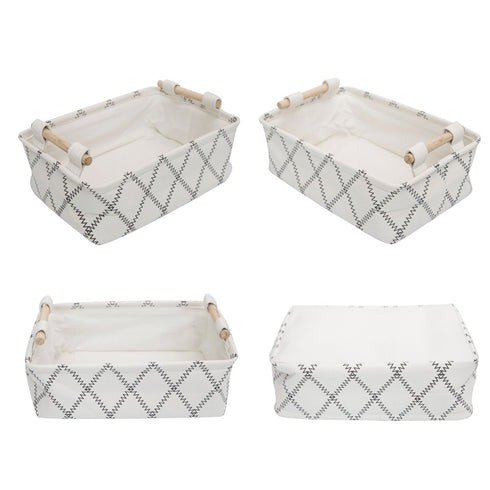 Decorative Rectangular Fabric Storage Bin Organizer Basket with Wooden Handles for Clothes, 12.6x8.7x4.7 inch, White