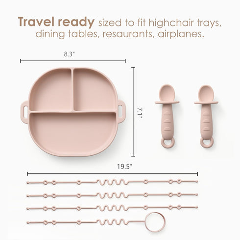 Silicone Plates for Babies with Suction, Divided Baby Spoons, Toy Straps, Placemat, Tethers & Built-in Suction Cups -