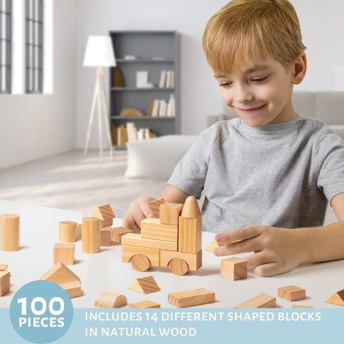 Wooden Blocks Set - 100 Pc Natural Wood Building Block Toys, Great Gift for Kids, Indoor Activity