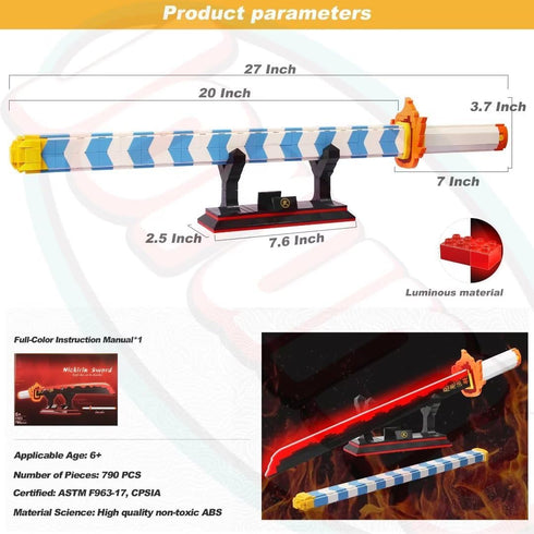 Jorumo Demon Slayer Sword Building Set, 27in Rengoku Kyoujurou Sword with Scabbard, 790 Pieces Cosplay Toy