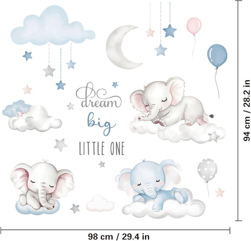 Quinspir Dream Big Little One Elephant Wall Stickers,Dreamy Moon Stars Balloons Cloud Decor for Kids Room, Nursery