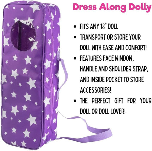 Doll Storage Carrying Case - (Purple Star) for Any 18" Doll - Organizer Storage Traveling Accessories Case w Clear Window, Zipper, and Carrying Strap, Great Birthday for Kids Girls